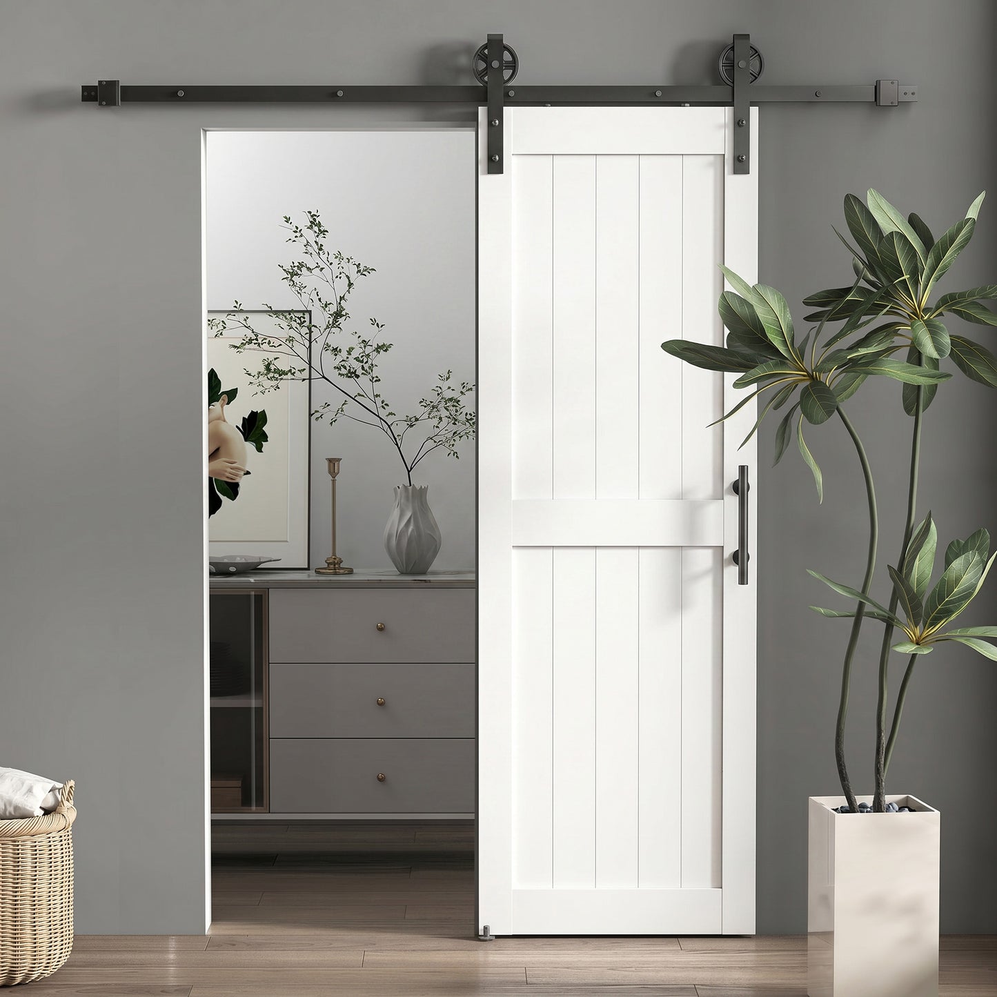 152.4cm Sliding Barn Door Kit, Sliding Door with Track, Hardware, Upgraded Rollers and Floor Guide, Handle, White