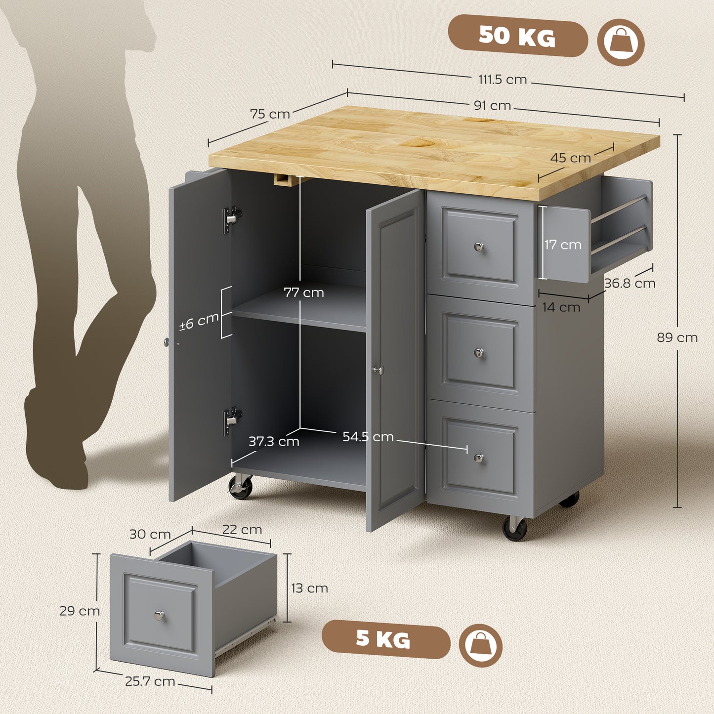 Kitchen Island on Wheels, Rolling Kitchen Storage Trolley with Drop Leaf, Drawers, Towel and Spice Rack, Grey