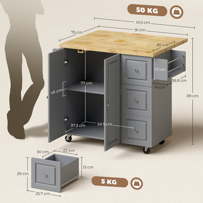Kitchen Island on Wheels, Rolling Kitchen Storage Trolley with Drop Leaf, Drawers, Towel and Spice Rack, Grey