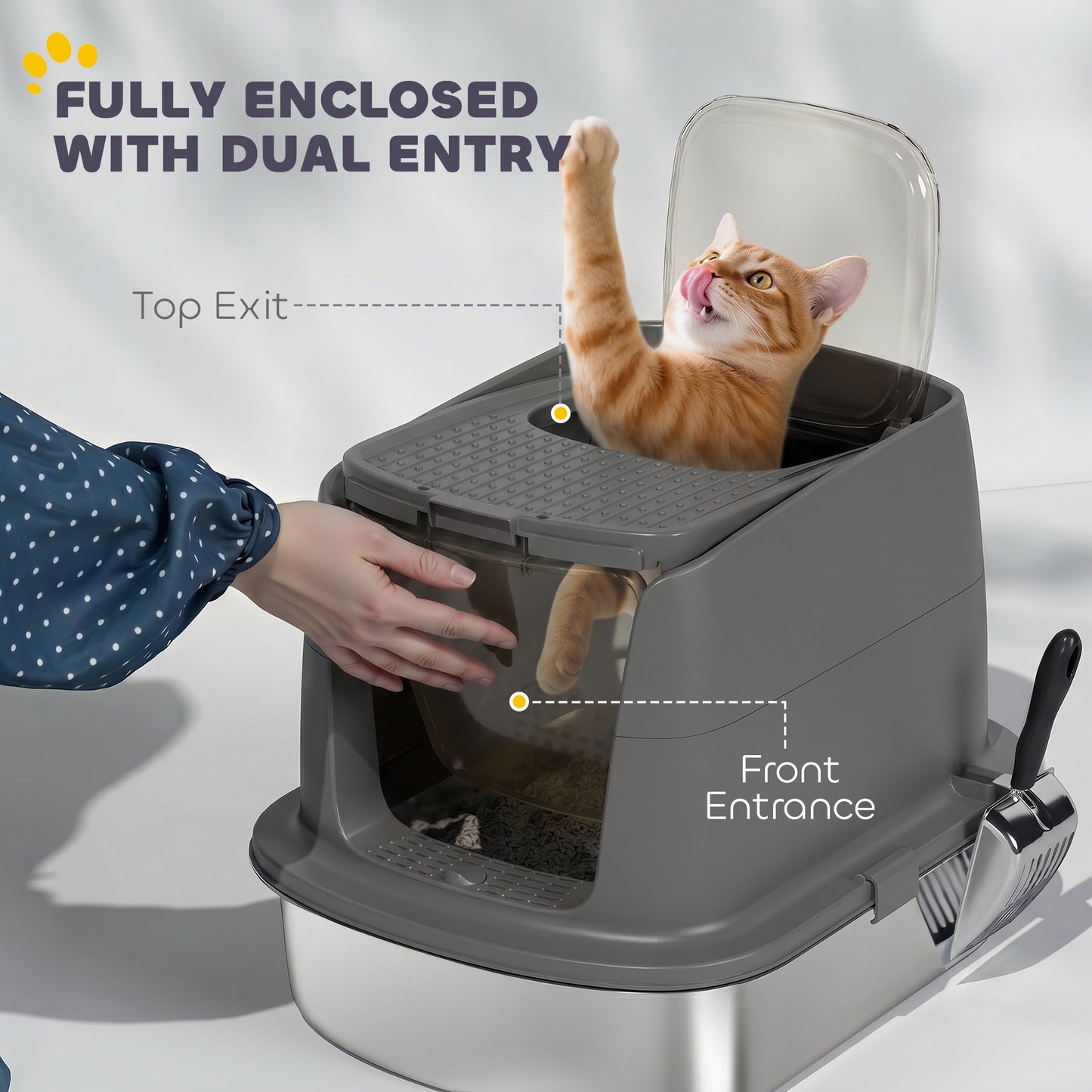 Large Stainless Steel Litter Box, Enclosed Metal Cat Litter Tray with Scoop, Deodoriser Bag, Front-Entry and Top-Exit