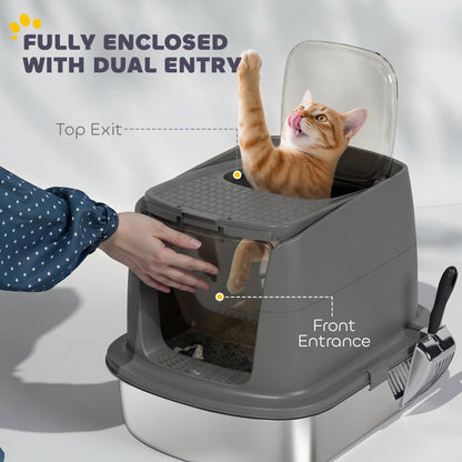 Large Stainless Steel Litter Box, Enclosed Metal Cat Litter Tray with Scoop, Deodoriser Bag, Front-Entry and Top-Exit