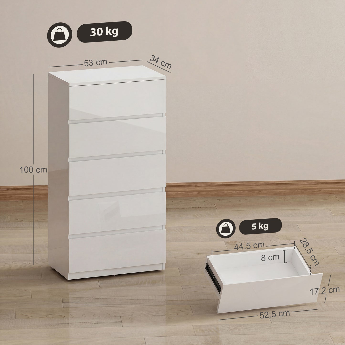Chest of Drawers, 5-Drawer Storage Cabinets, Modern Dresser, Storage Drawer Unit for Bedroom