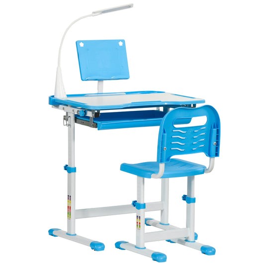Kids Study Desk and Chair Set w/ Adjustable Height, Storage, Drawer, Blue