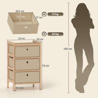 Chest of Drawers, 3 Fabric Drawers Narrow Dresser with Bamboo Frame, Cream White