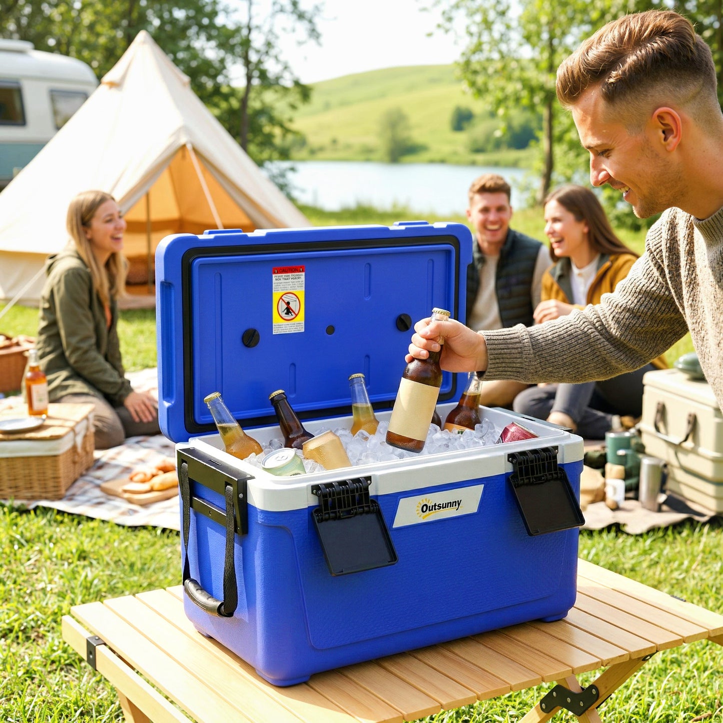 42.6L Insulated Cool Box, Lightweight Portable Ice Cooler with Handle, Lid and Drain Valve, Dark Blue