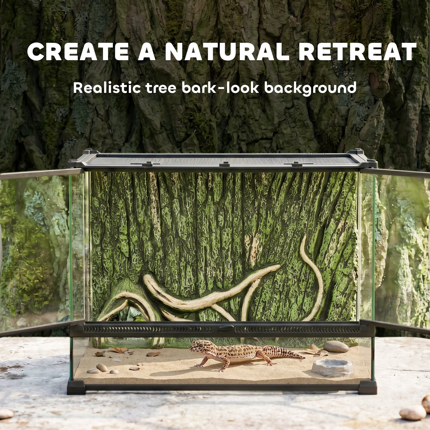 Reptile Glass Terrarium with Stone Background, Front Ventilation, Escape-Proof Knob Lock, 50 x 30 x 35 cm, Black
