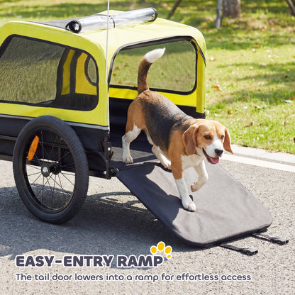 Dog Bike Trailer with Flip-Down Ramp Tailgate, Quick Release Frame, Universal Bicycle Coupler, Reflectors, Yellow