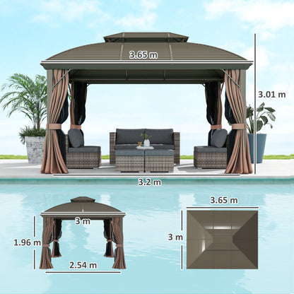 3.65 x 3(m) Hardtop Steel Gazebo Canopy with Aluminium Frame, Double Roof, Net Sidewalls and Curtains, Coffee
