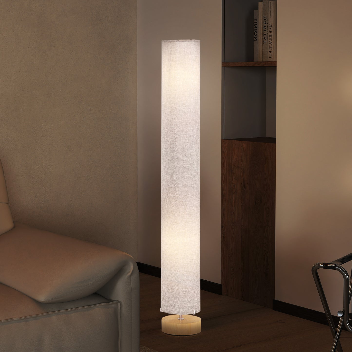 Floor Lamp for Living Room, 47" Modern Standing Lamp with Linen Shade, Wooden Base, Grey