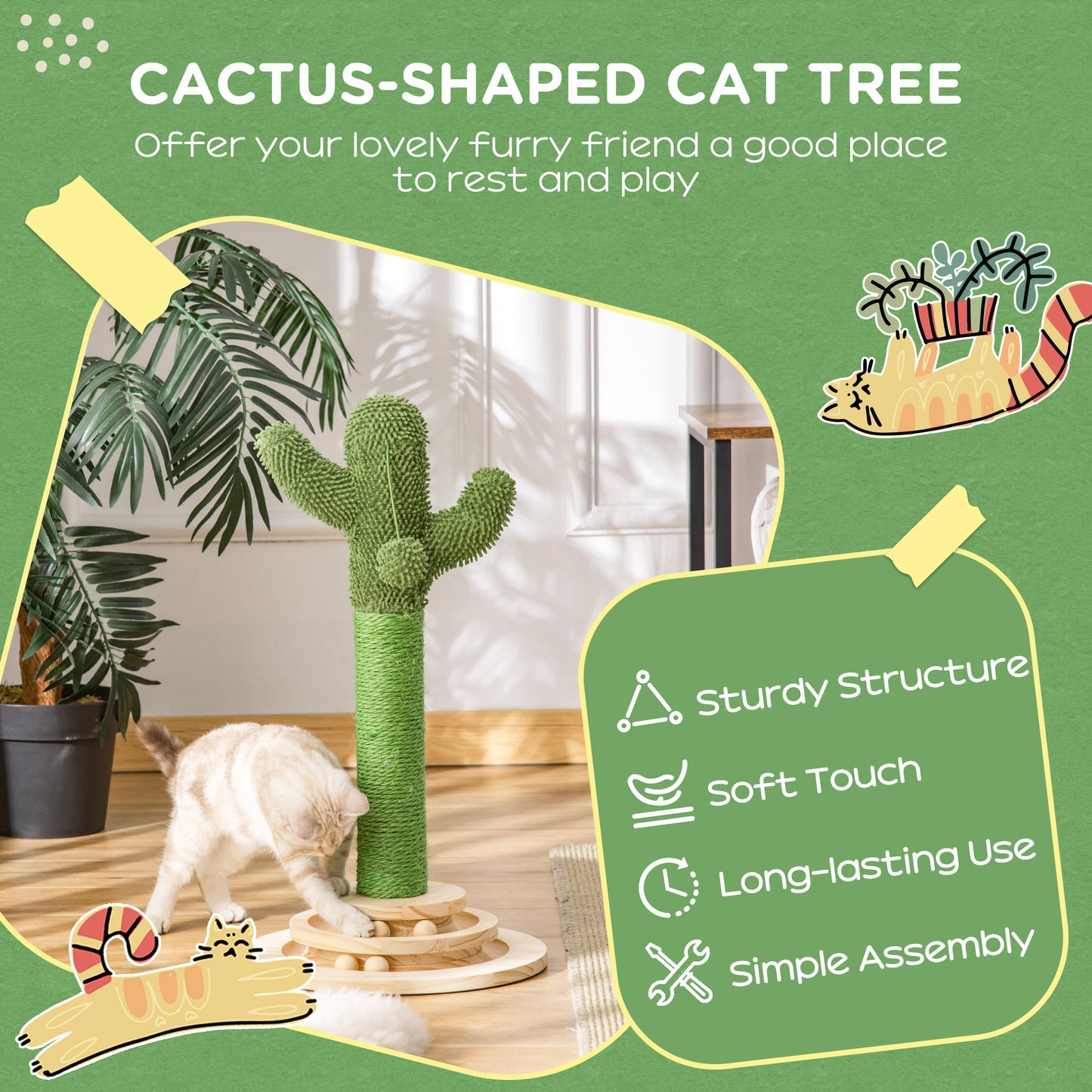 Cat Tree Cactus Sisal Scratching Post for Indoor Cats Play Tower Kitten Furniture with Hanging Ball Interactive Fun Roller Ex