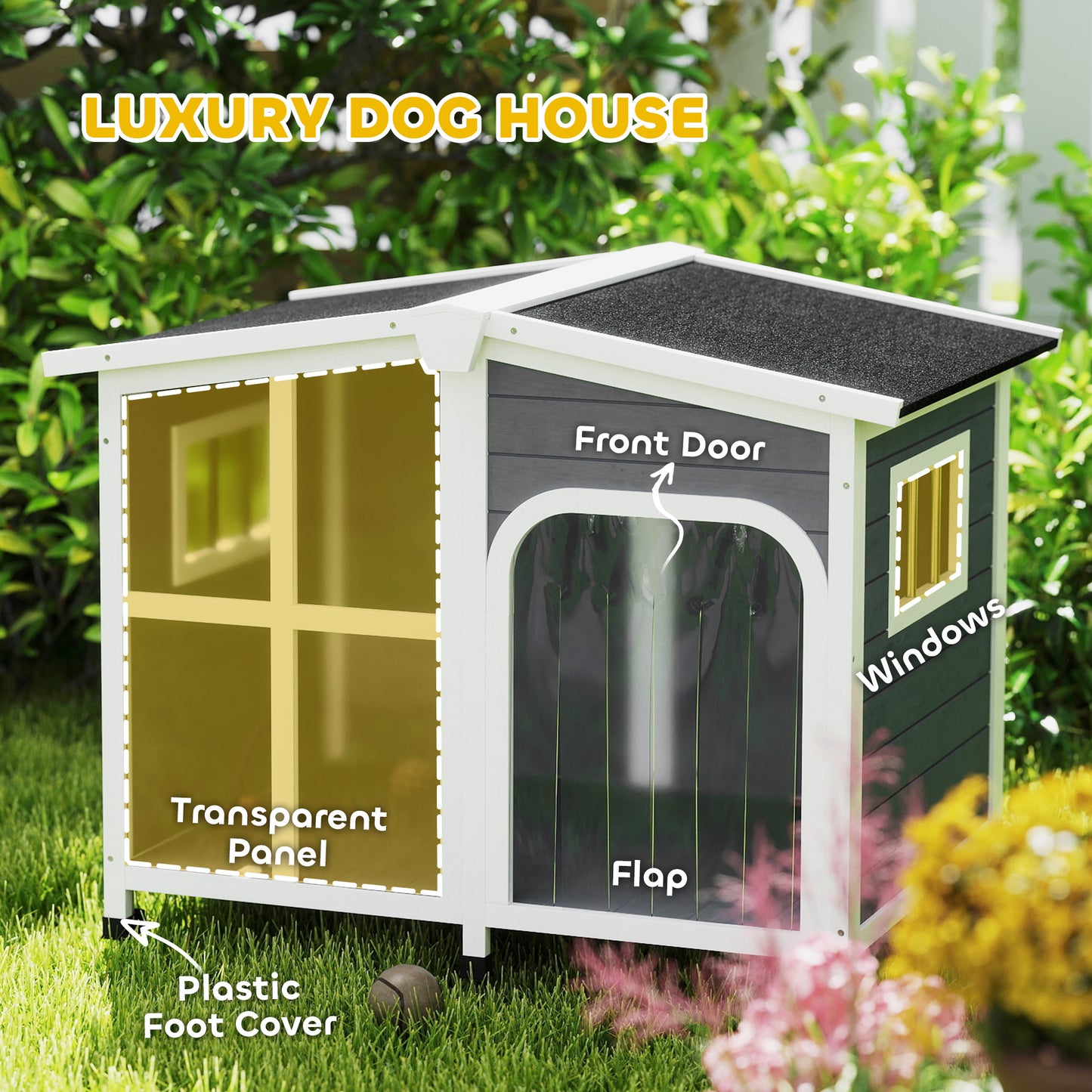 Wooden Dog Kennel with Removable Floor, Asphalt and Openable Roof, Giant Window for Large Dogs, Charcoal Grey