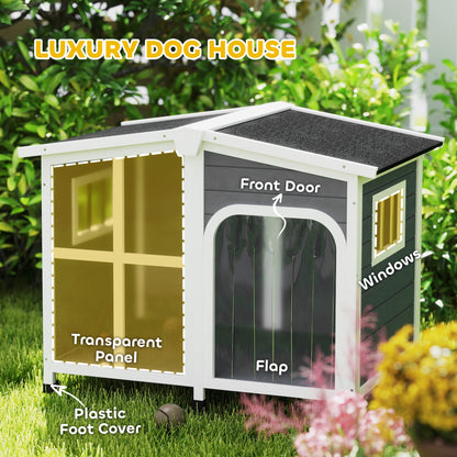 Wooden Dog Kennel with Removable Floor, Asphalt and Openable Roof, Giant Window for Large Dogs, Charcoal Grey