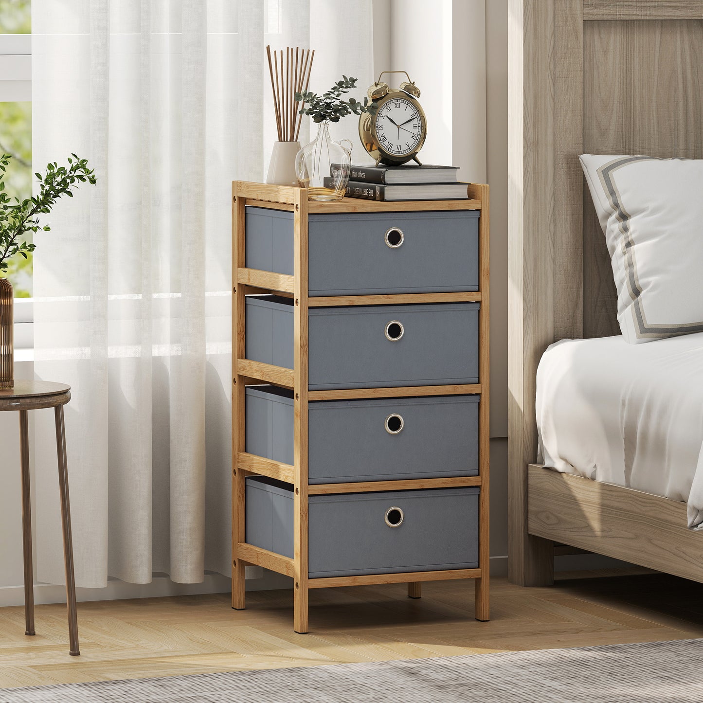 Chest of Drawers, 4 Fabric Drawers Narrow Dresser with Bamboo Frame, Light Grey