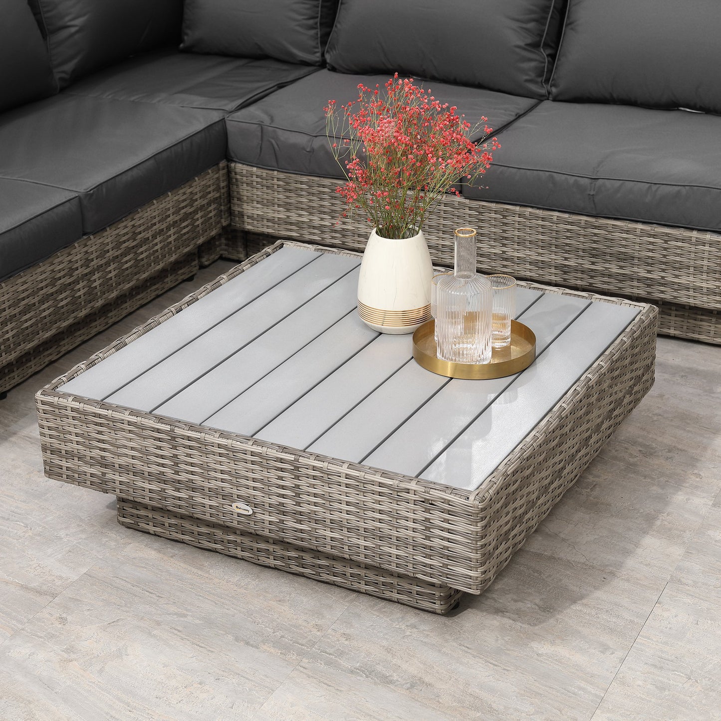 4 PCs Rattan Garden Furniture Outdoor Sectional Corner Sofa and Coffee Table Set Conservatory Wicker Weave Furniture with Arm