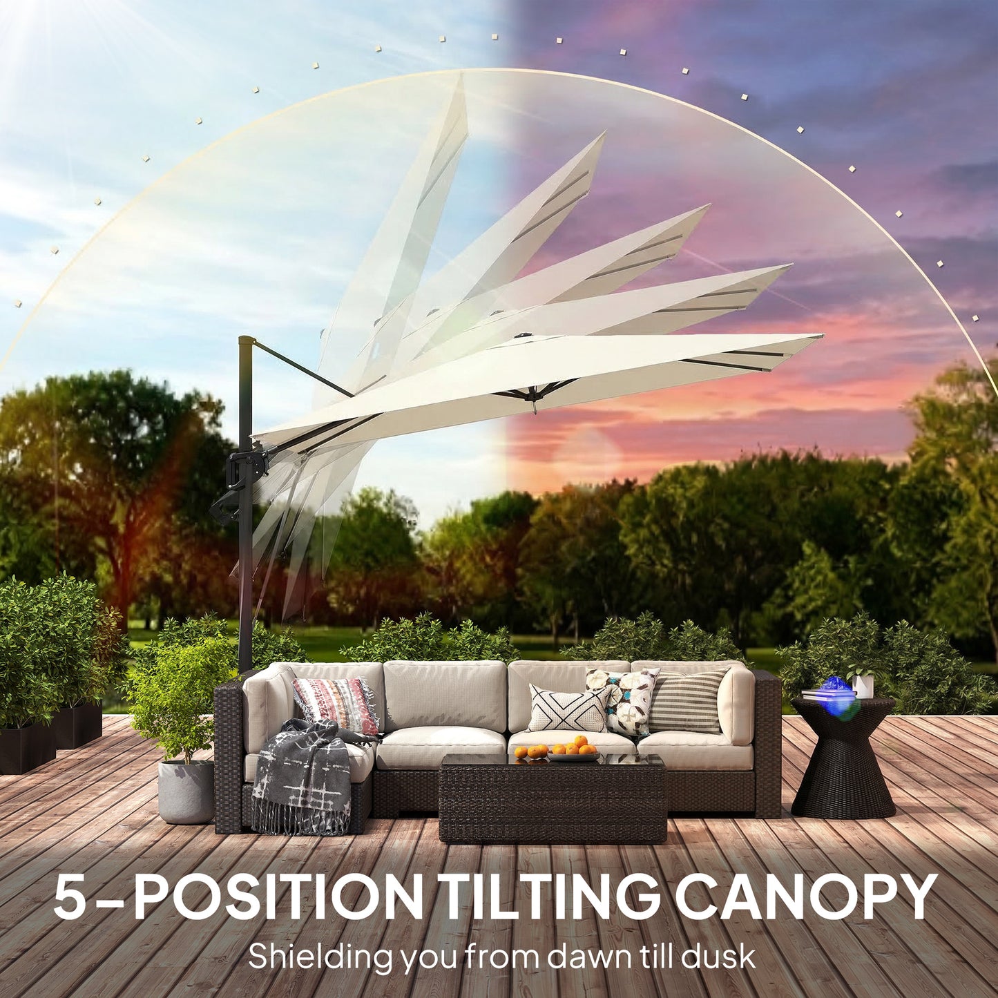 3 x 3 m Garden Cantilever Parasol w/ Light, Cover, UPF50+ Patio Umbrella w/ Wind Protection, 360° Rotation, Cream White
