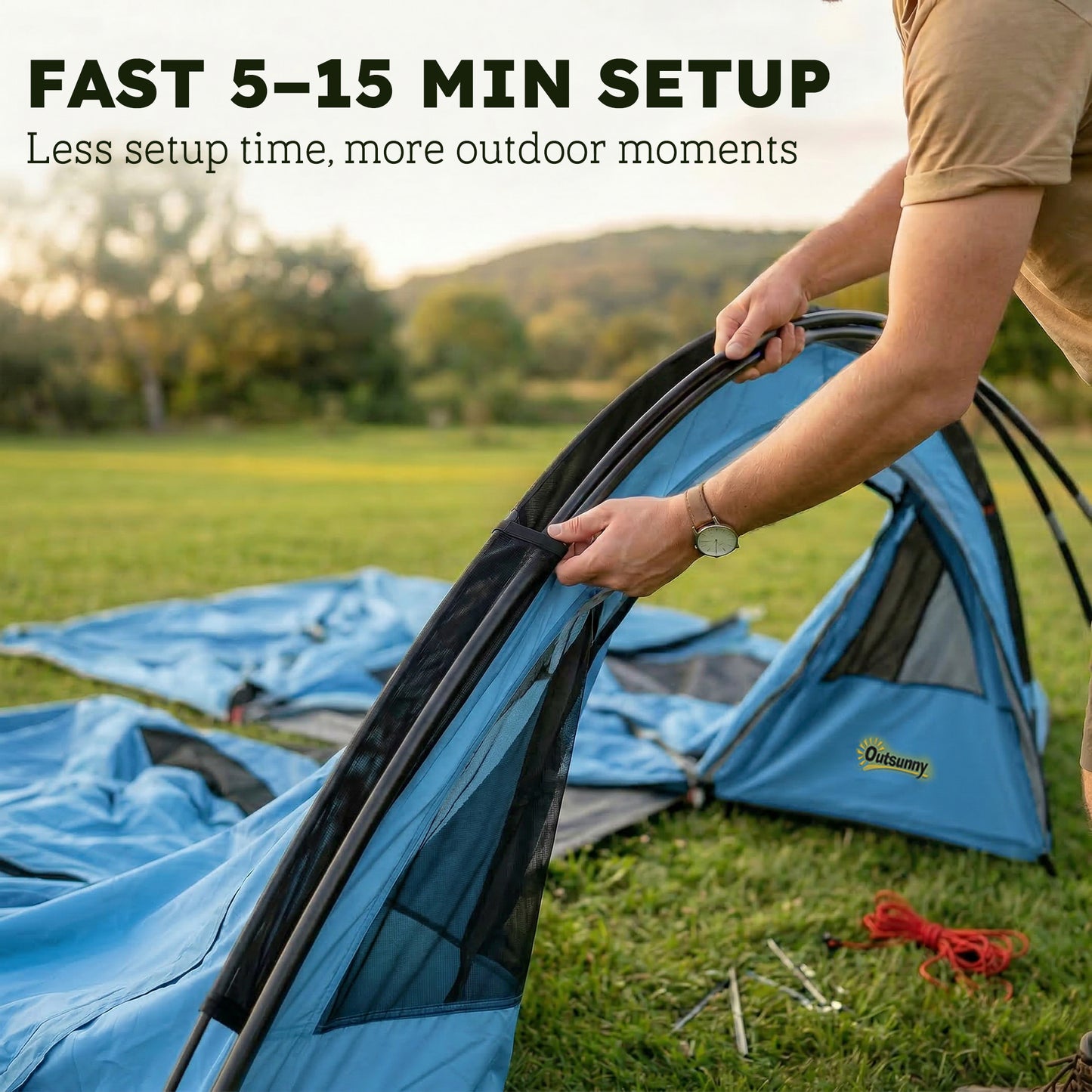 4 Person Easy Setup Family Camping Tent with 2 Rooms, Waterproof Tunnel Tent w/ Sewn In Groundsheet, Sky Blue & Grey