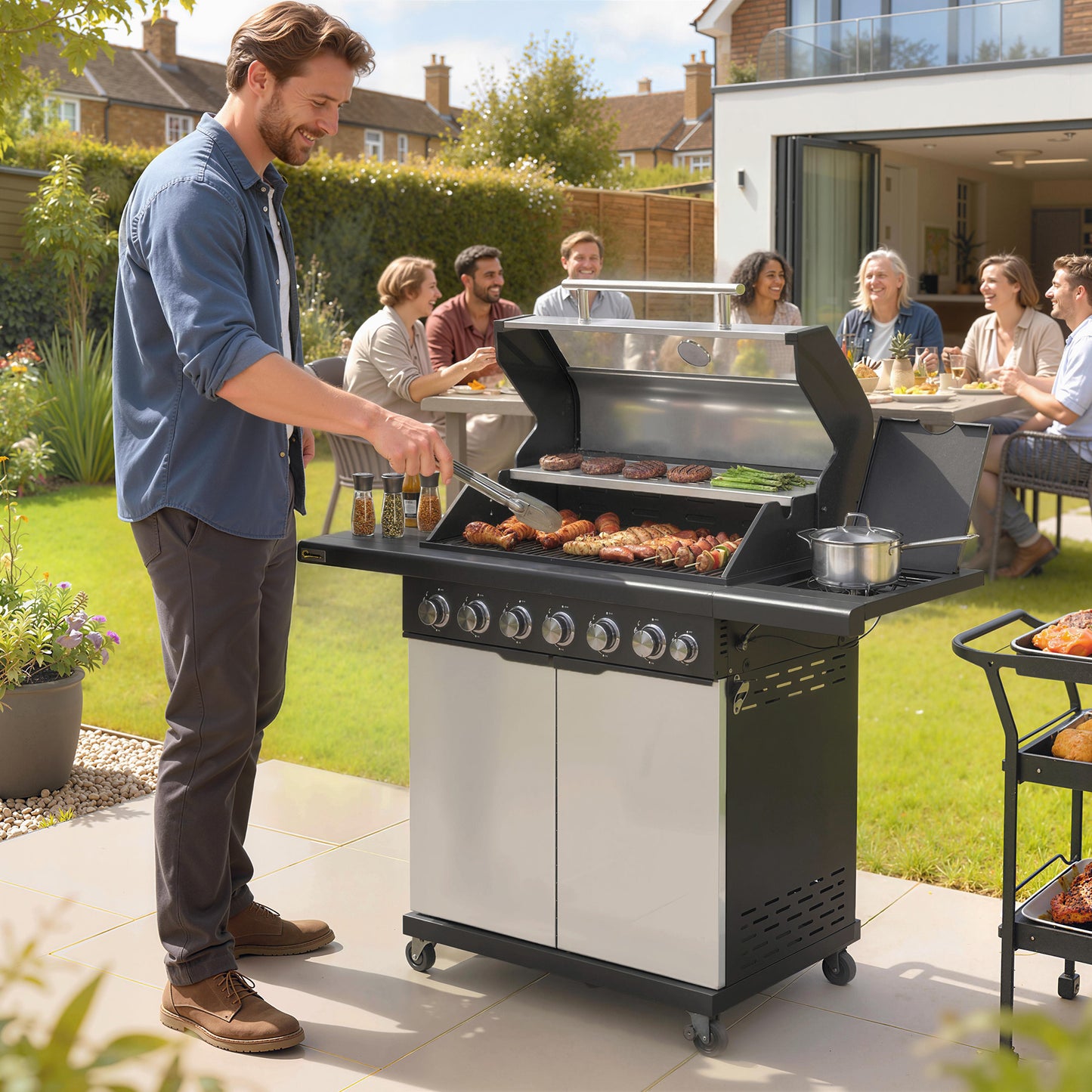 6+1 Burner Gas BBQ Grill, Outdoor Barbecue Trolley with Wheels, Warming Rack, Thermometer, Bottle Opener, Silver Tone