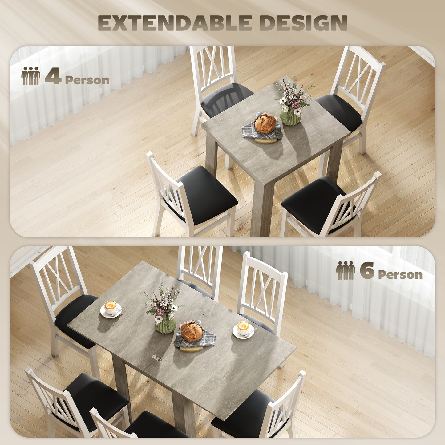 Folding Dining Table for 4-6, Rectangular Extendable Drop Leaf Table for Small Spaces, 140 x 80 x 77.5 cm, Grey