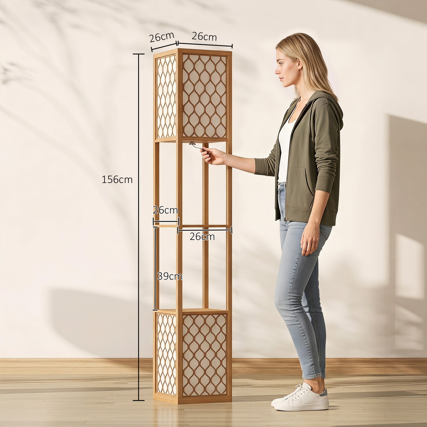 Floor Lamp with Shelves, Modern Tall Standing Lamp with Fabric Lampshades, Zipper Switch, Natural Wood Finish