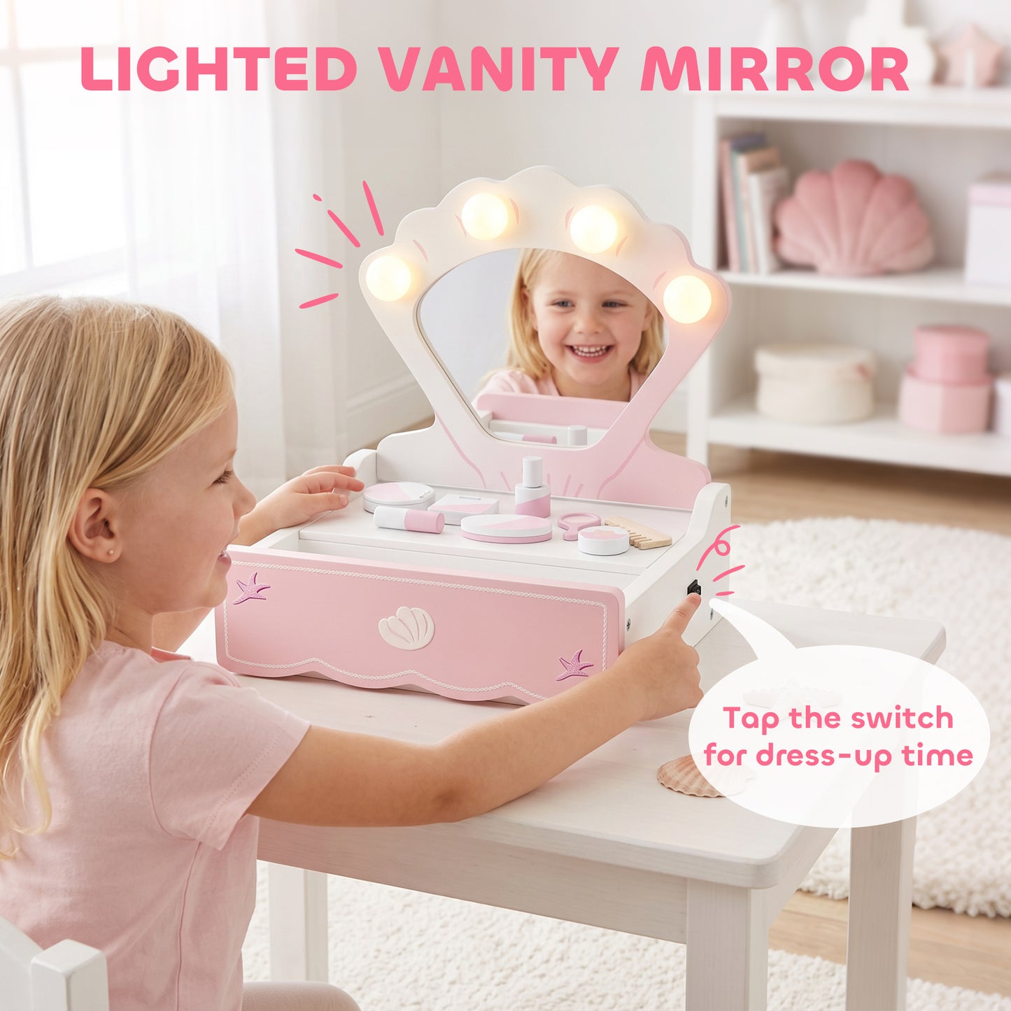 Kids Vanity Table, Portable Dressing Table with Lights, Mirror, Drawer, Accessories, Gift for 3-6 Years