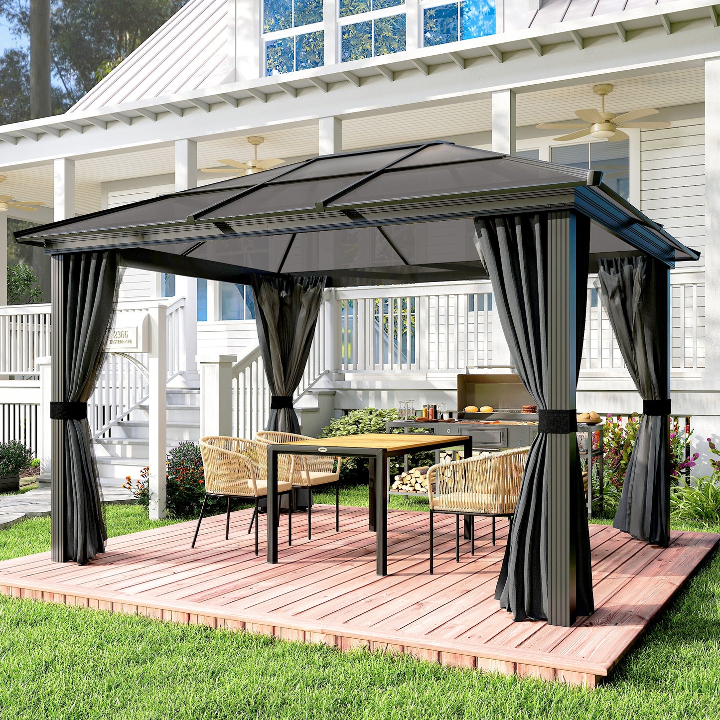 3 x 3.6m Hardtop Gazebo Canopy with Polycarbonate Roof, Aluminium Frame, Permanent Pavilion Garden Gazebo