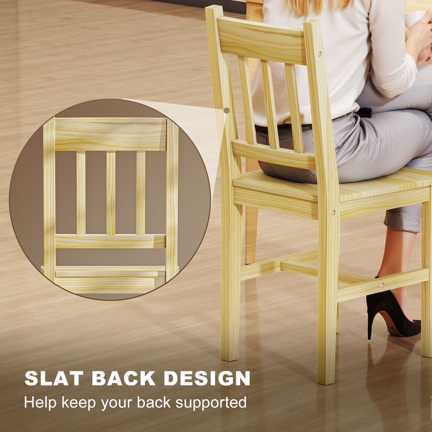 Dining Chairs Set of 2, Kitchen Chair with Slat Back, Pine Wood Structure for Living Room and Dining Room, Natural