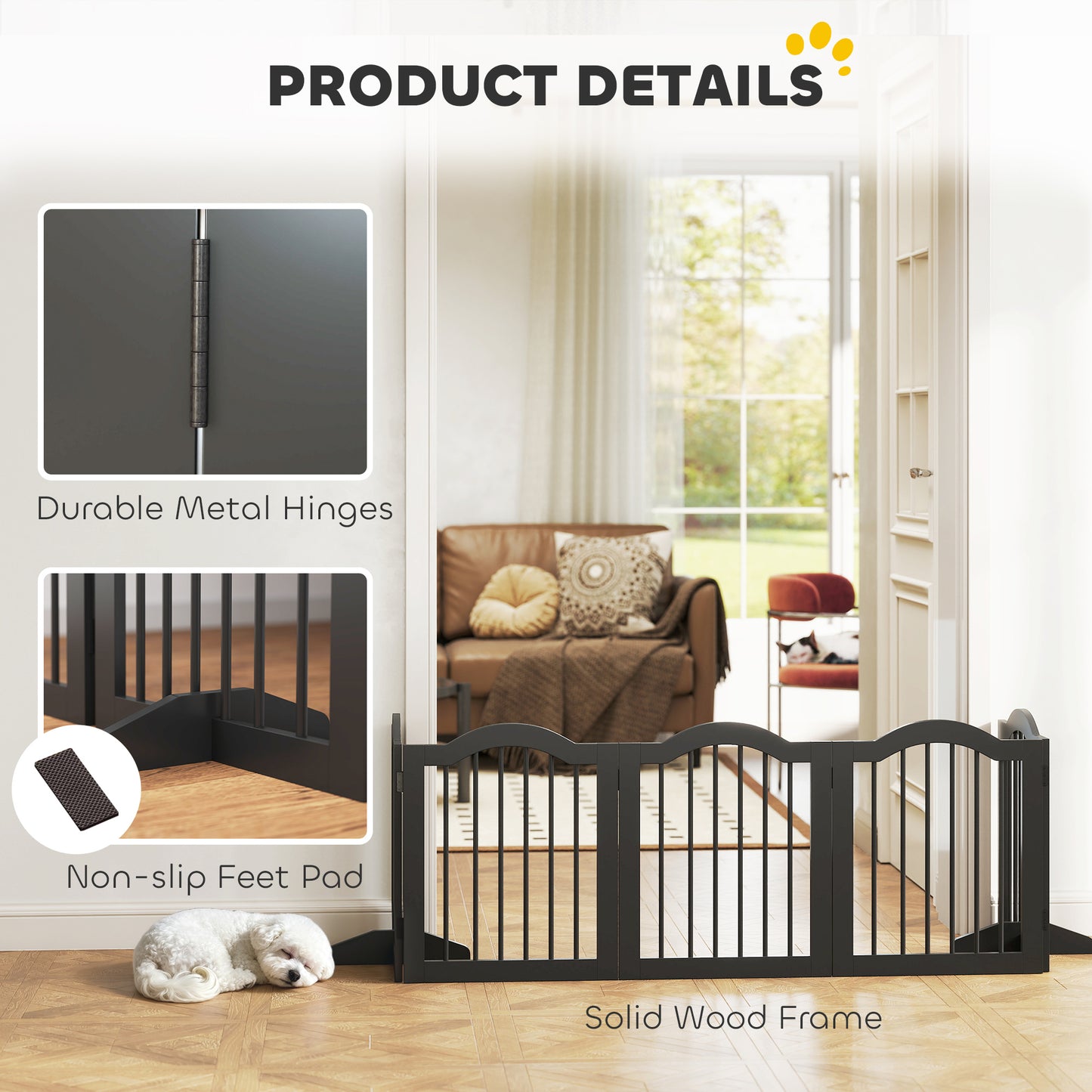 Freestanding Dog Gate Wooden Stair Gate for Dogs with Support Feet Foldable Pet Fence Safety Barrier for the House Doorway St