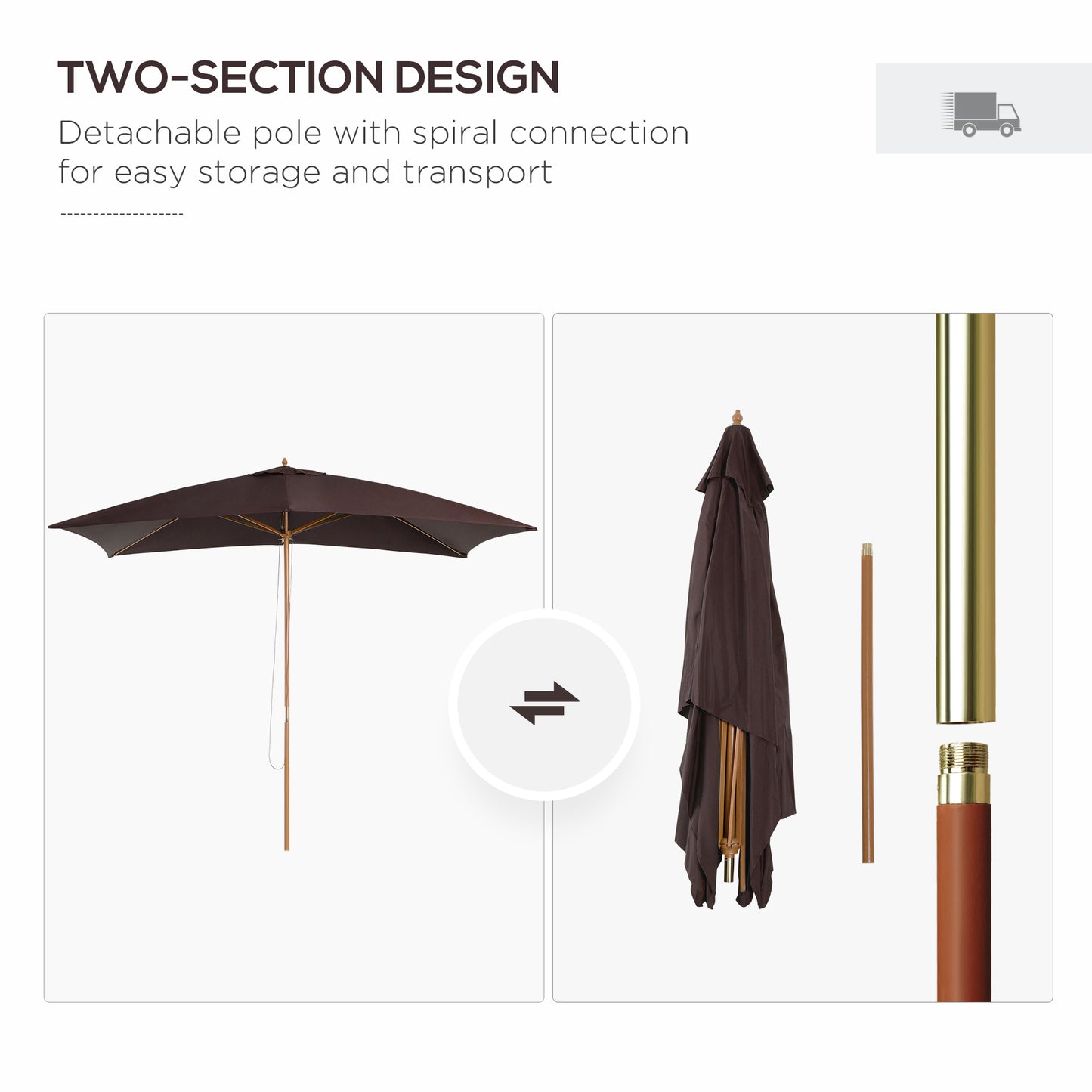 2 x 3m Wooden Garden Parasol Umbrella Outdoor Sun Shade Canopy, Dark Coffee