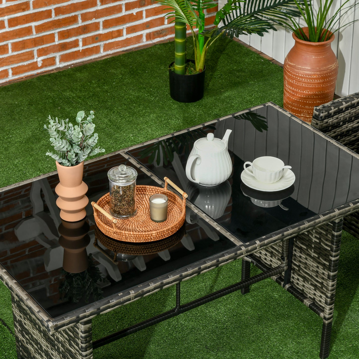 5 Seater Rattan Garden Furniture Set, 2 Armchairs, 3-Seater Wicker Sofa, 2 Footstools and Glass Table