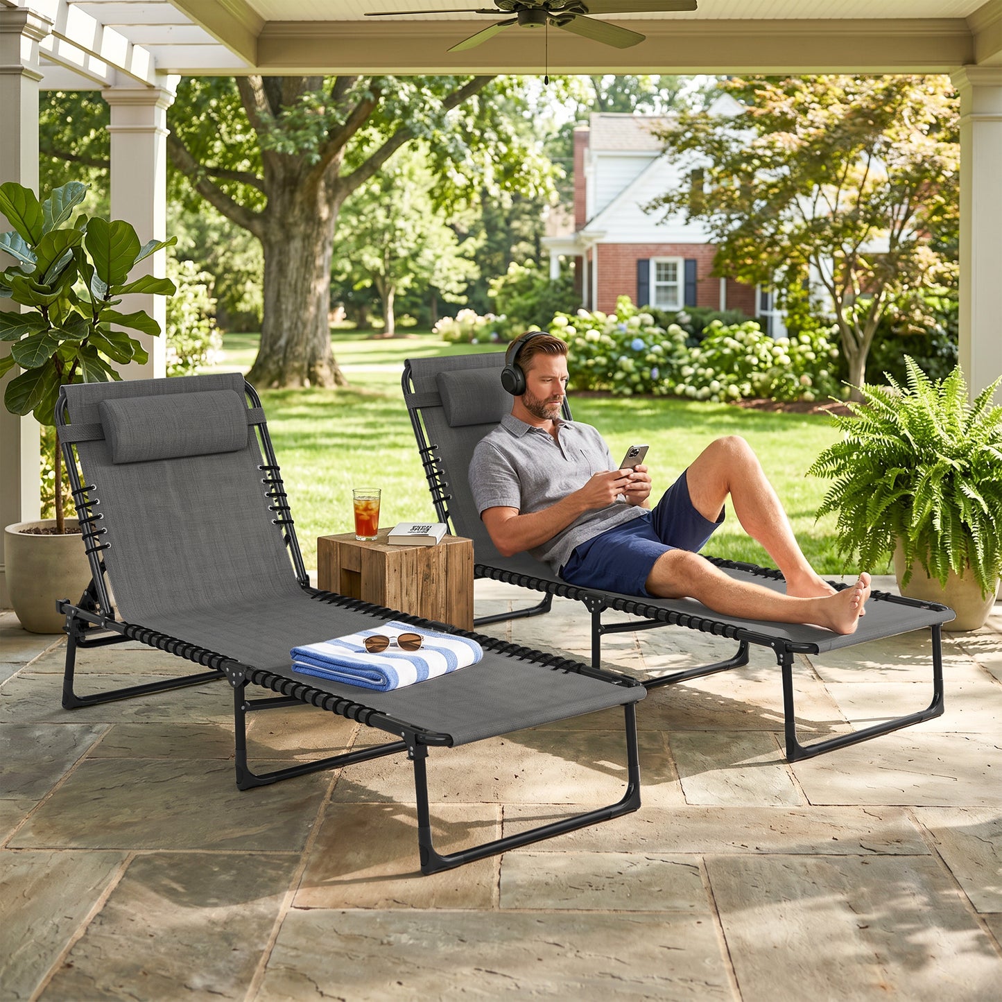 Set of Two Folding Sun Loungers, with Four-Position Backs - Grey