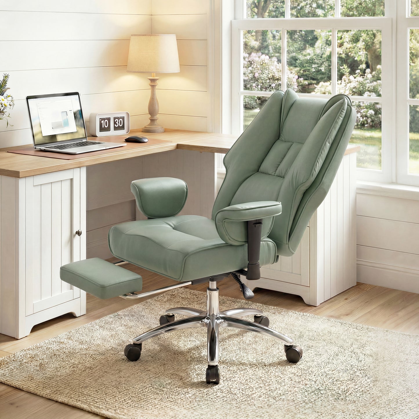 Executive Office Chair, Reclining Desk Chair with Footrest, Adjustable Armrests, Pet Friendly Faux Leather, Green