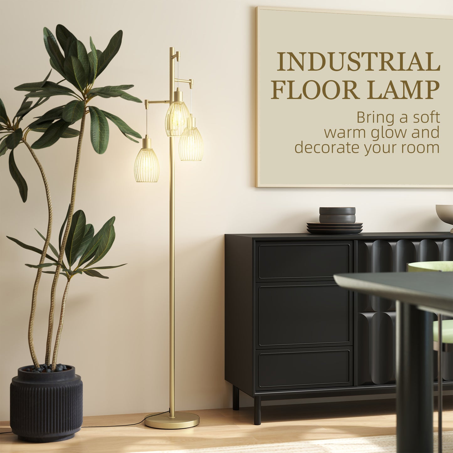 3-Light Floor Lamp, 170cm Industrial Dimmable Standing Lamp with Steel Wire Cage Lampshades for Living Room, Bedroom