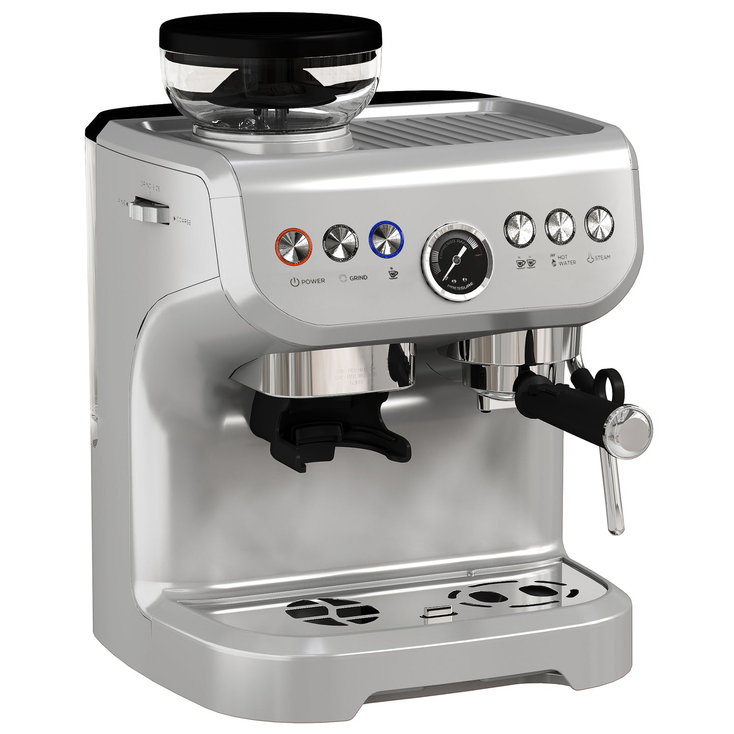 15 Bar Coffee Machine with 15 Adjustable Grind Setting, Steamer and Complete Kit - Silver Colour