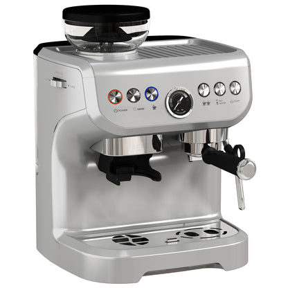 15 Bar Coffee Machine with 15 Adjustable Grind Setting, Steamer and Complete Kit - Silver Colour