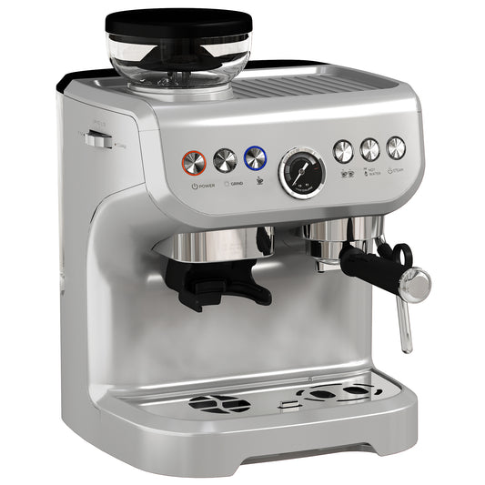 15 Bar Coffee Machine with 15 Adjustable Grind Setting, Steamer and Complete Kit - Silver Colour