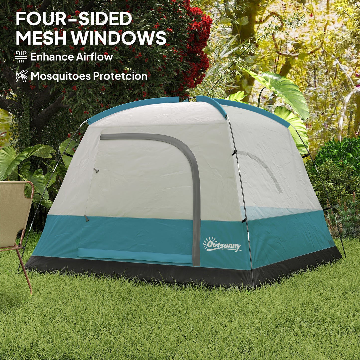 3-4 Person Camping Tent, Easy Set Up Waterproof Dome Tent with Sewn-in Groundsheet, Mesh Windows