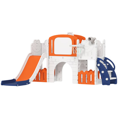 7 in 1 Toddler Slide Set with Basketball Hoop, Climbing Frame, Telescope, Drawing Board, Storage Box, Orange