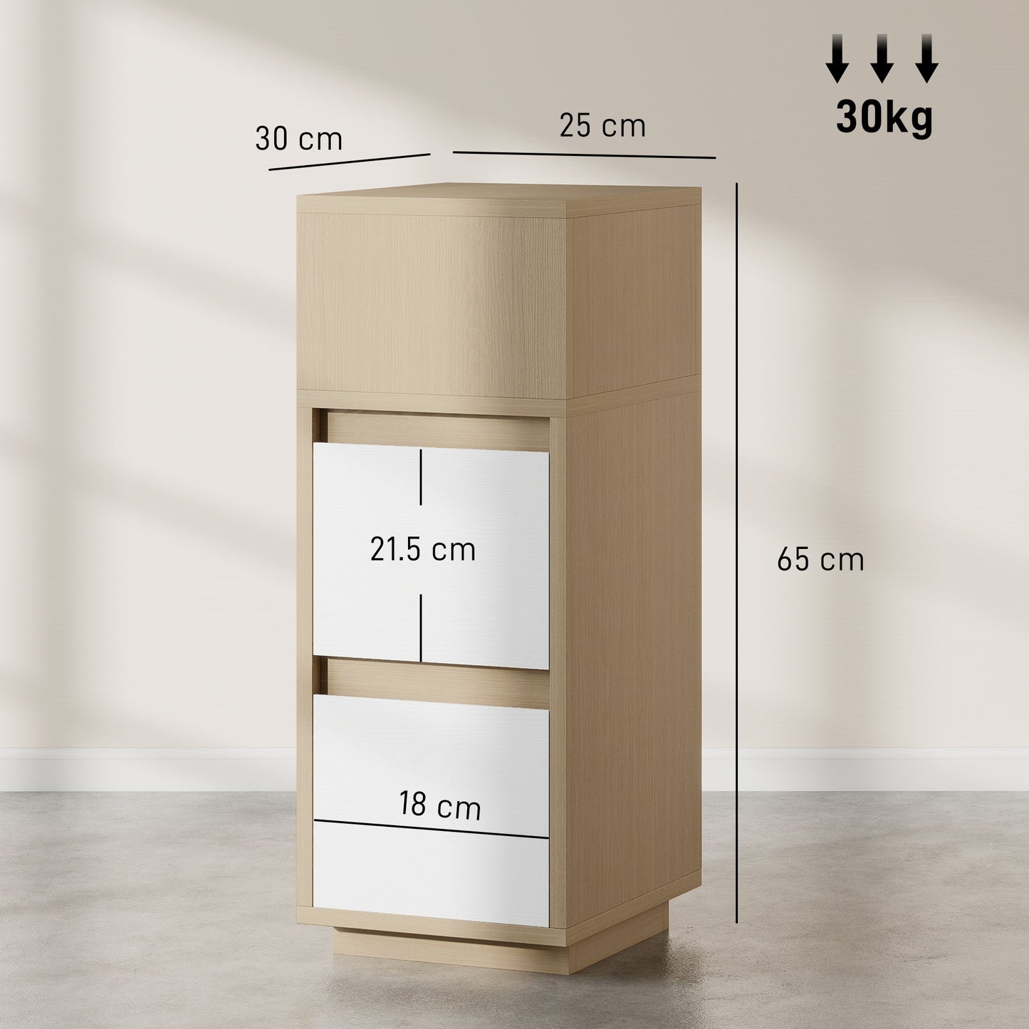 Slim Bedside Table, Narrow Bedside Cabinet with Open Shelf and 2 Drawers for Bedroom, Living Room, Natural Wood Finish