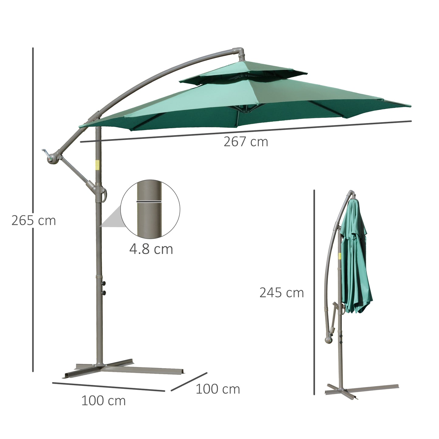 2.7m Banana Parasol Cantilever Umbrella with Crank Handle, Double Tier Canopy and Cross Base for Outdoor, Hanging Sun Shade
