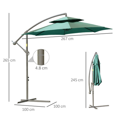 2.7m Banana Parasol Cantilever Umbrella with Crank Handle, Double Tier Canopy and Cross Base for Outdoor, Hanging Sun Shade