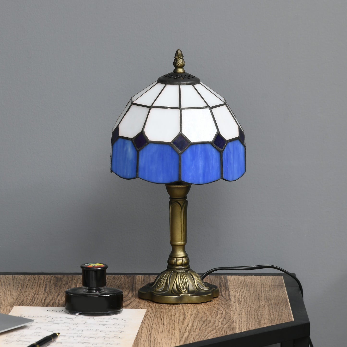 Handmade Art Deco Glass Table Lamp - White/Blue