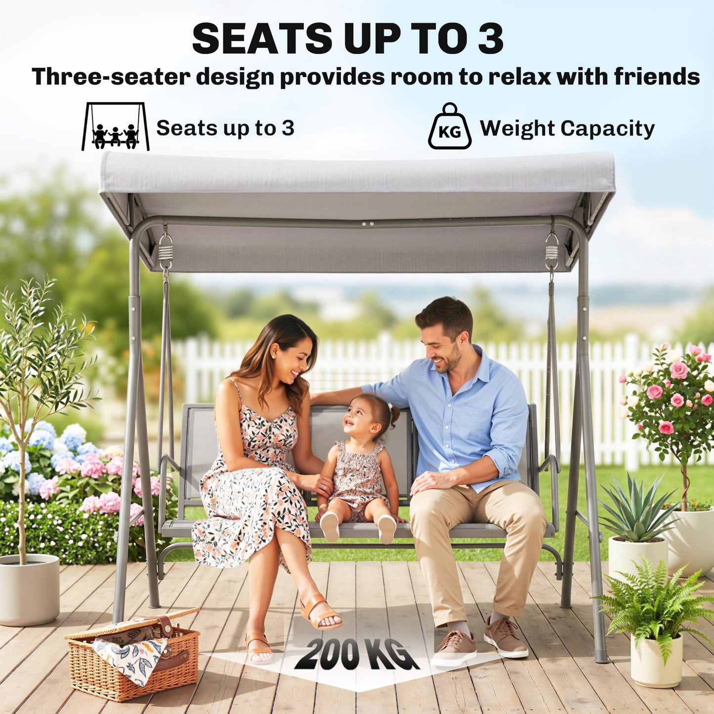 3 Seater Swing Chair, Garden Swing Bench with Adjustable Tilting Canopy