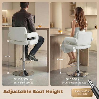 Bar Stools Adjustable Swivel Kitchen Chairs with Backrest Armrest Set of 2 PU Leather White