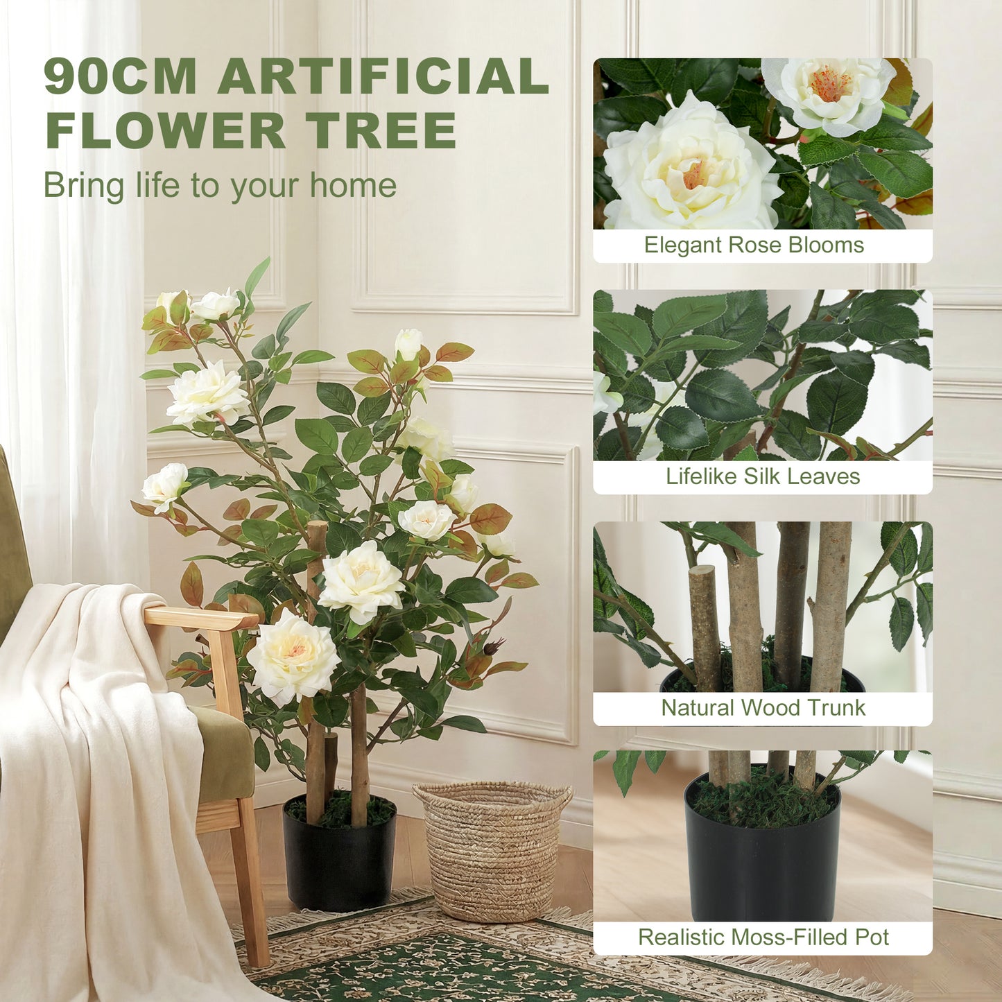 90cm Artificial Rose Tree, Decorative Fake Plant with 344 Silk Leaves 17 Flowers for Outdoor Indoor Decor, White