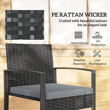 Rattan Bistro Set, 3 Piece Garden Furniture Set with Glass Top Table and Cushions, Light Grey