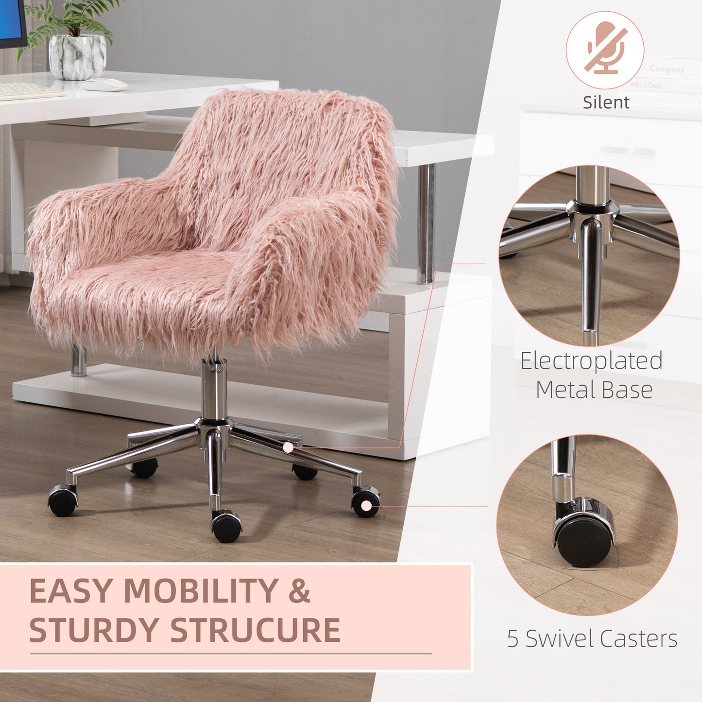 Faux Fur Desk Chair, Rolling Swivel Makeup Chair with Adjustable Height, Armrets for Home Office, Bedroom, Pink