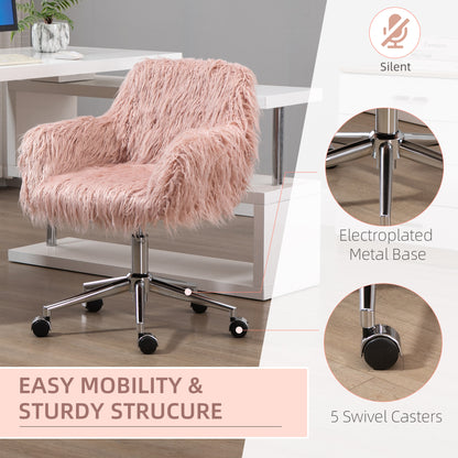 Faux Fur Desk Chair, Rolling Swivel Makeup Chair with Adjustable Height, Armrets for Home Office, Bedroom, Pink