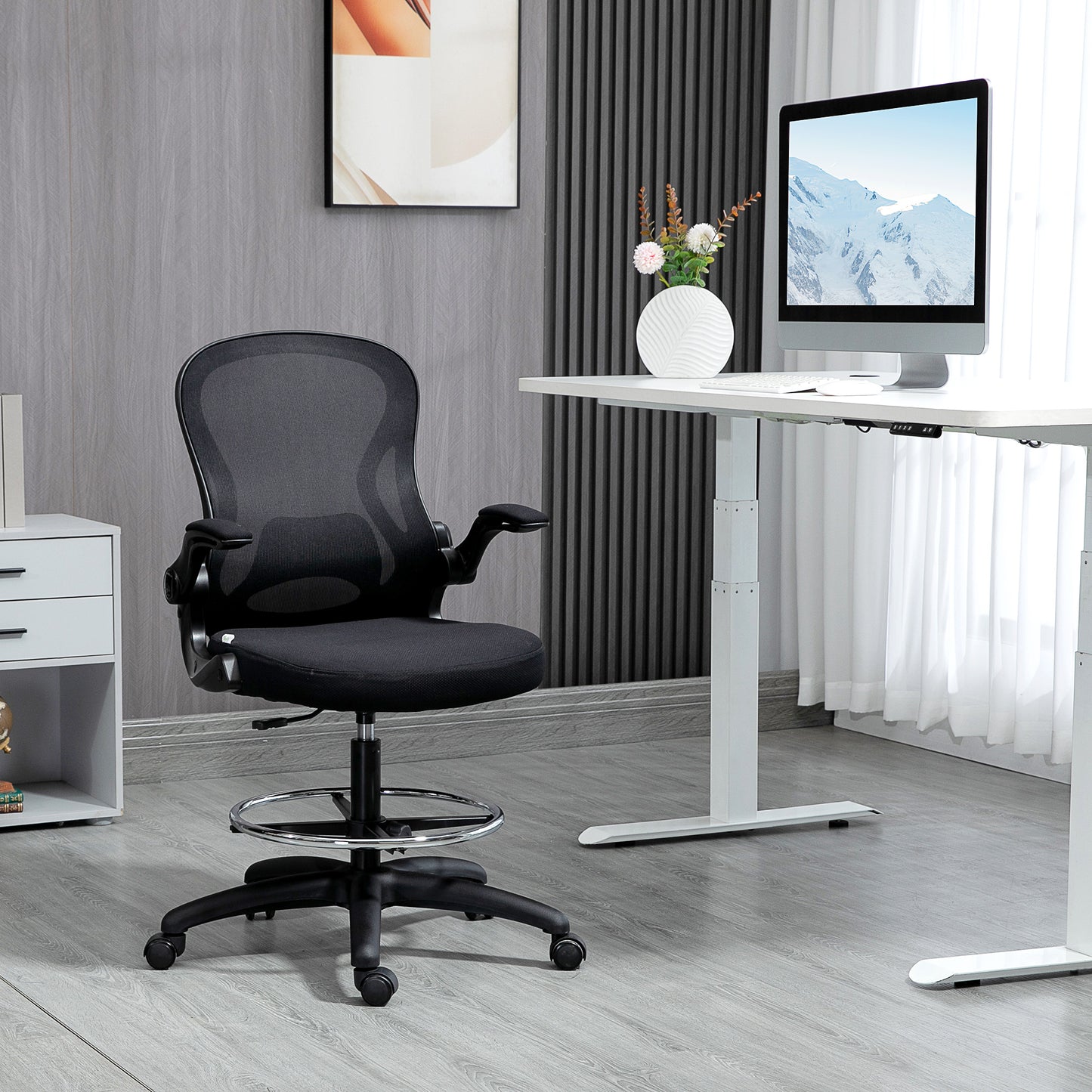 Adjustable Mesh Standing Desk Chair with Flip-up Armrests Lumbar Support Armrests Adjustable Footrest Ring Black