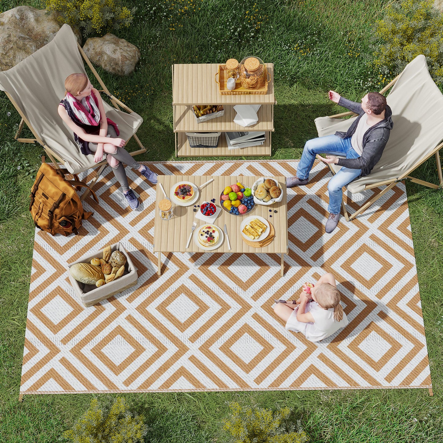 Reversible Outdoor Rug, Plastic Straw Mat w/ Carry Bag Ground Stakes for Garden RV Picnic Beach Camping 182x274cm Brown