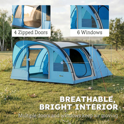 4 Person Easy Setup Family Camping Tent with 2 Rooms, Waterproof Tunnel Tent w/ Sewn In Groundsheet, Sky Blue & Grey
